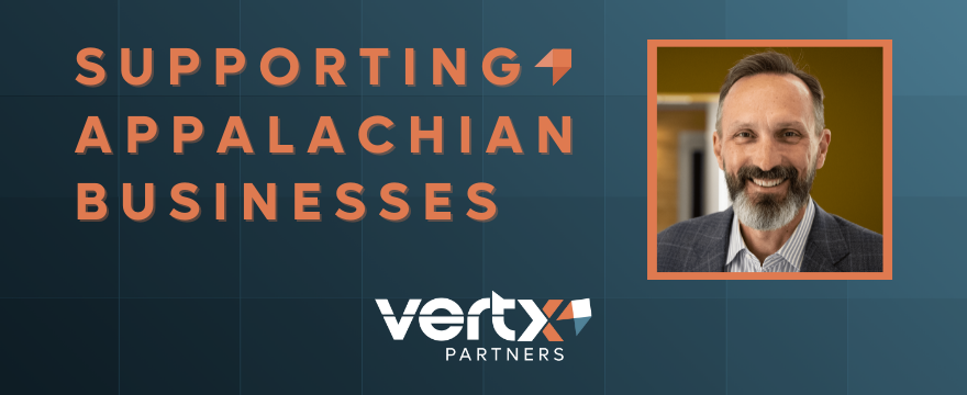 Graphic that says "Supporting Appalachian Businesses" with an image of founder, Sean Frisbee smiling.