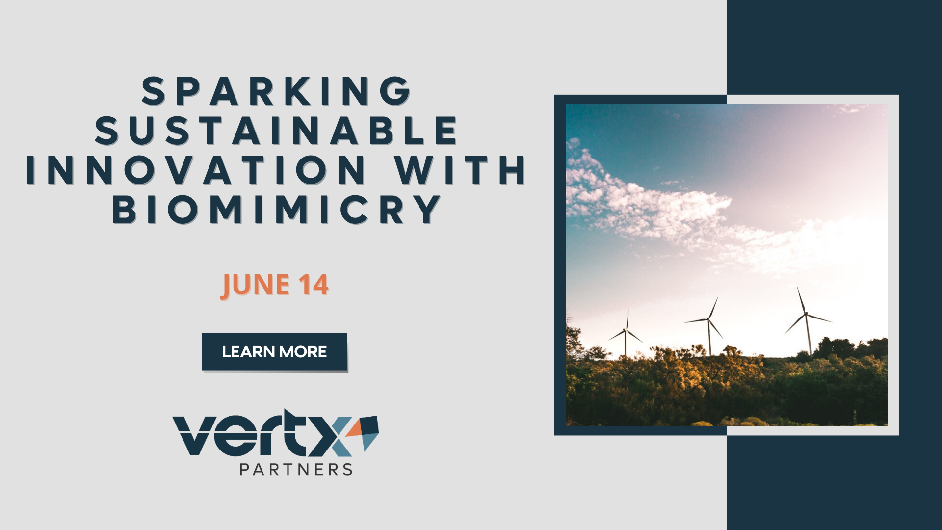 This graphic has the title "Sparking Sustainable Innovation With Biomimicry" with the date June 14 under it and a photo of windmills with a blue sky in the background next to it