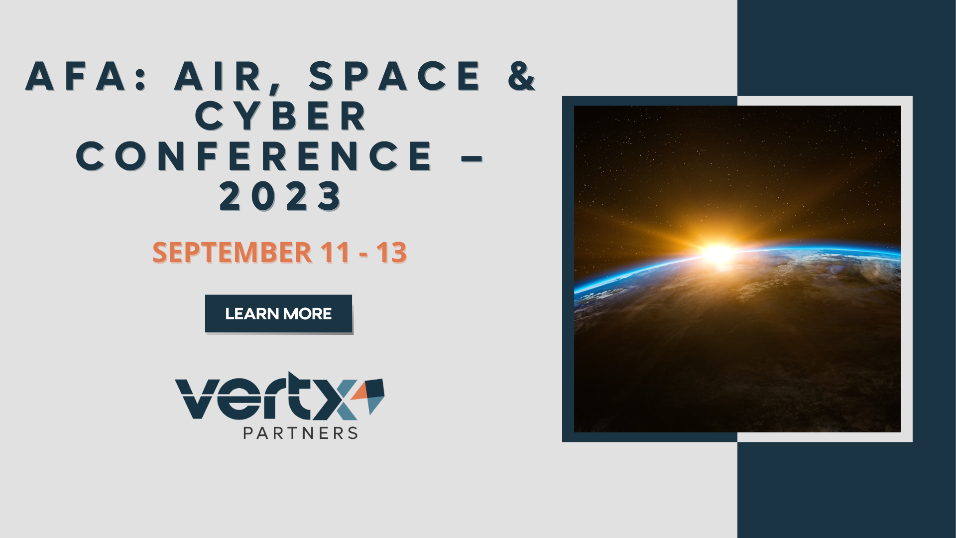 The graphic has the title "AFA: AIR, SPACE & CYBER CONFERENCE – 2023" with the date september 11th-13th underneath and a photo of the earth and the sun in space to the right of it.