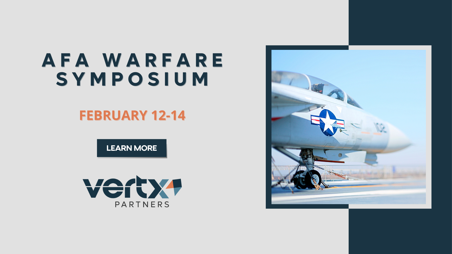 This has the title "AFA Warfare Symposium" with the date february 12-14th under it and a photo of a fighter jet on the ground with a blue sky in the background behind it.
