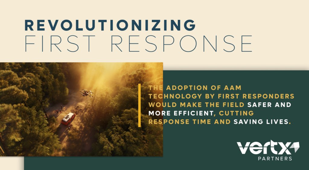 Image reading, "Revolutionizing First Response: The adoption of AAM technology first responders would make the field safer and more efficient, cutting response time and saving lives."
