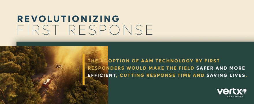 Image reading, "Revolutionizing First Response: The adoption of AAM technology first responders would make the field safer and more efficient, cutting response time and saving lives."