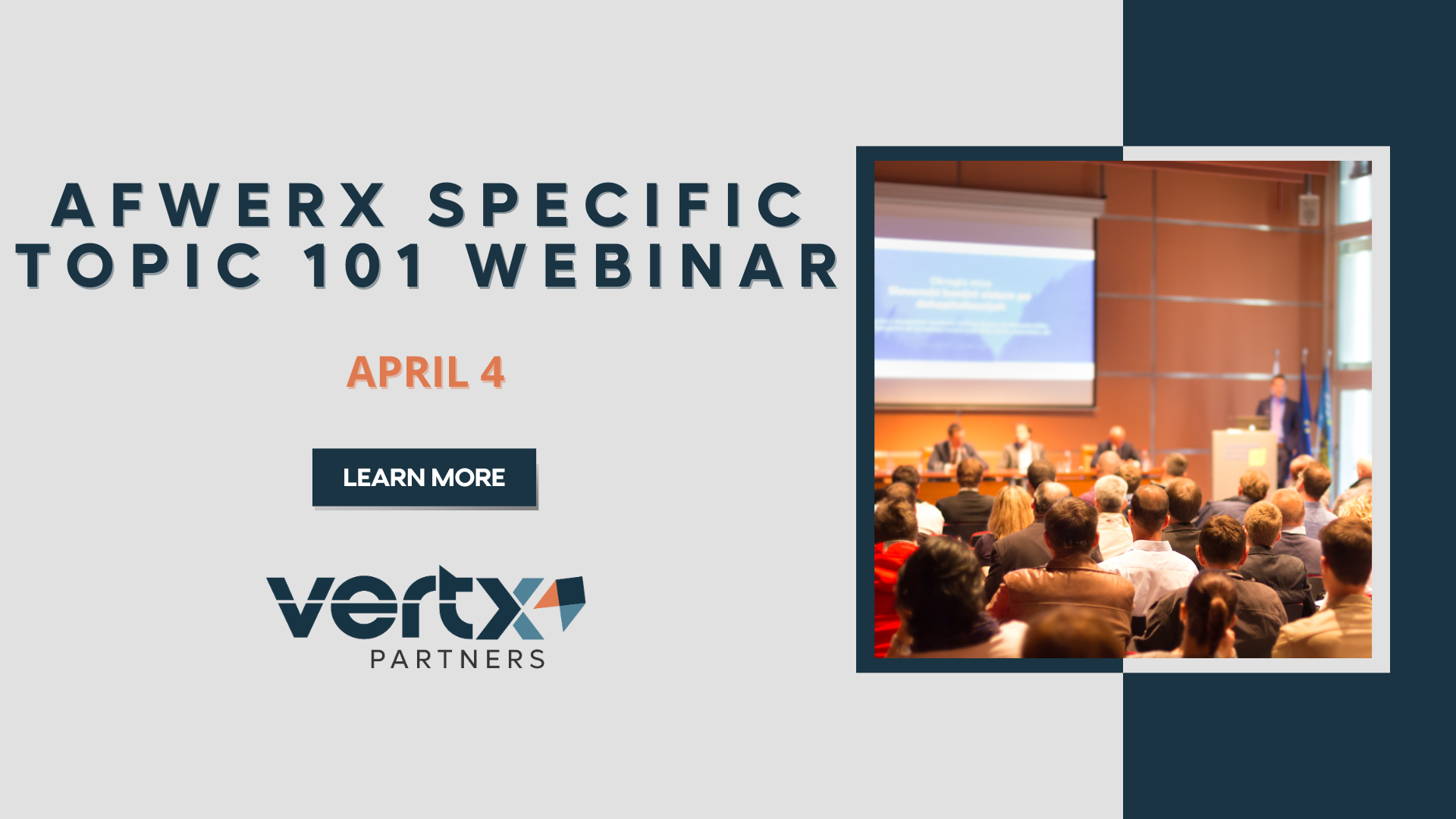 This event has the title "AFWERX Specific Topic 101 Webinar" with the date april 4th below it and a photo of a conference room with people sitting in it looking at a presentation to the right of the date.