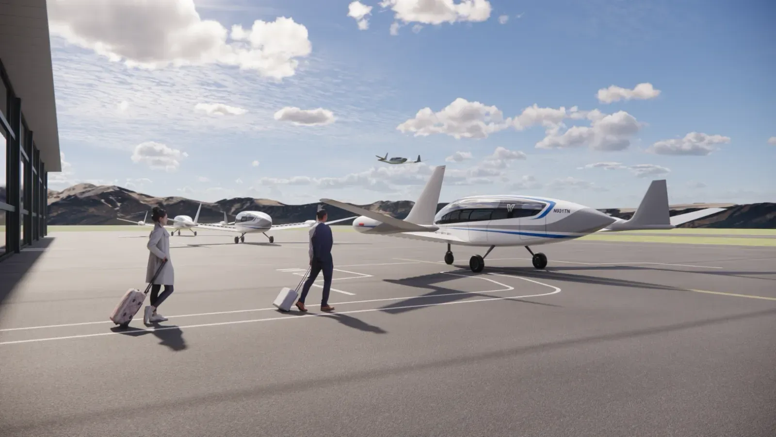 Rendering of a vertiport on a sunny day and two people walking out to an eVTOL with luggae.