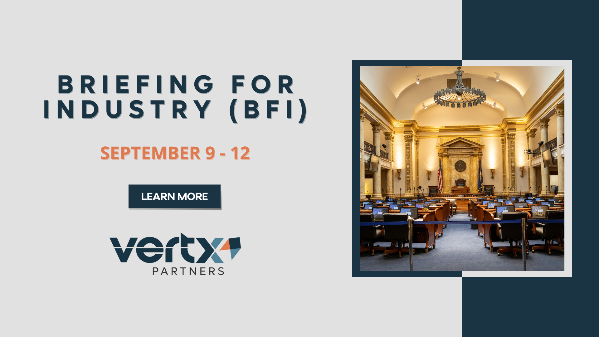 This graphic has the title Briefing for Industry (BFI) with the date september 9 -12 under it and a photo of a conference room next to the title and date.