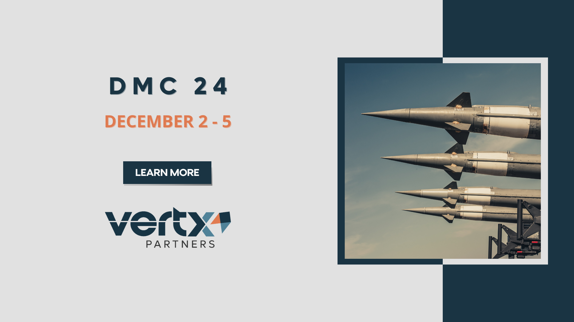 This graphic has the title DMC 24 with the date december 2- 5 under it and a photo of 4 plans flying in the sky next to the title and date