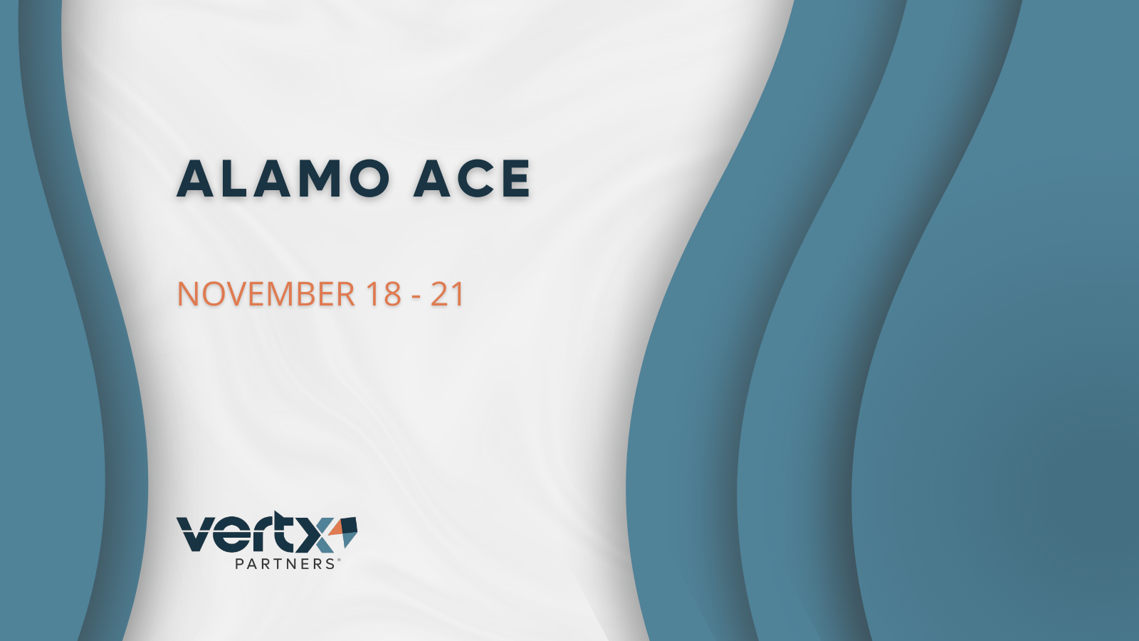 This graphic has the title Alamo Ace with the dates underneath Novmber 18 - 21 with medium blue curves with dark dimensions