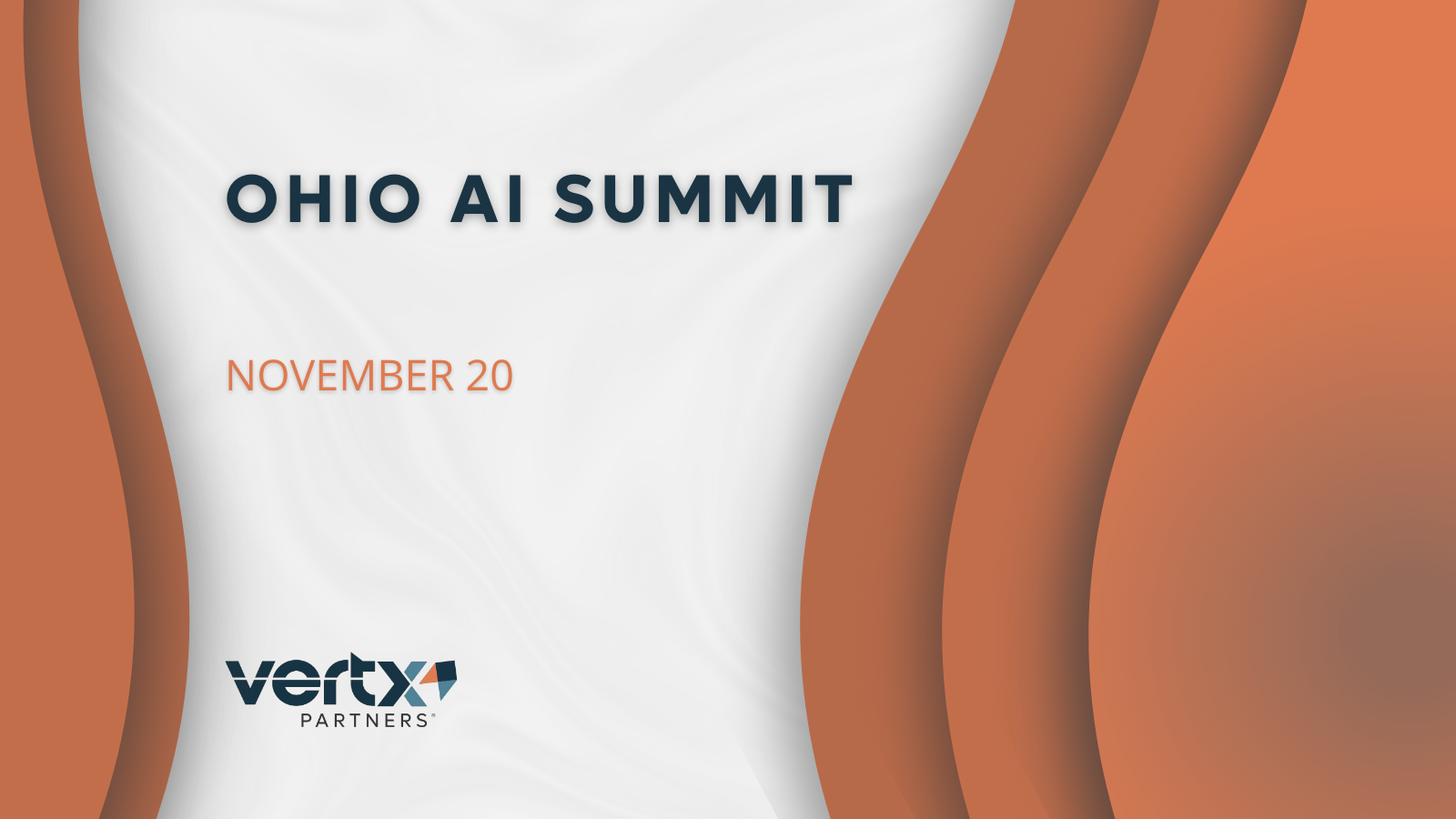 This graphic has the title Ohio AI Summit with the date November 20th underneath and orange curves on either side of the title and date that gradient to a darker orange