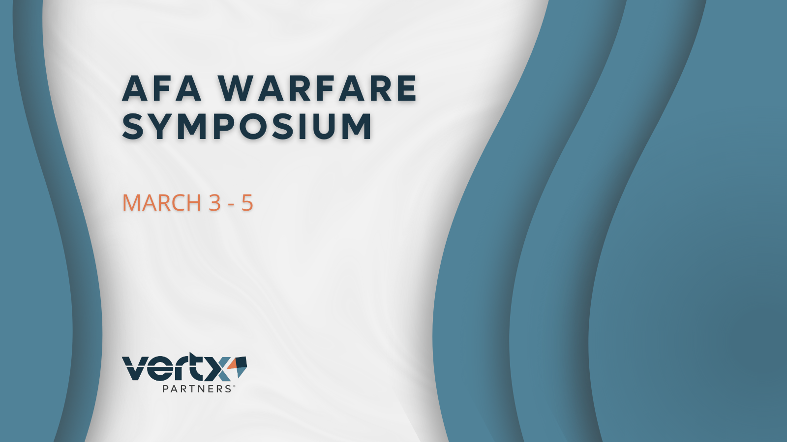 This graphic has the title AFA Warfare Symposium with the dates march 3 - 5 under it and 3 medium blue curves to the right of it and 2 blue curves to the left