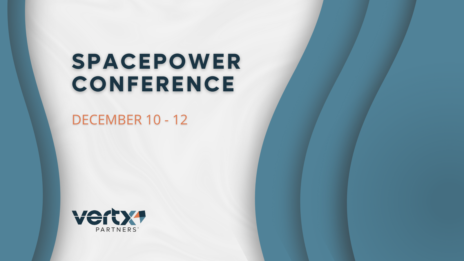 This graphic has the title Spacepower Conference with the dates december 10 - 12 under it and 3 medium blue curves to the right and then 2 curves to the left