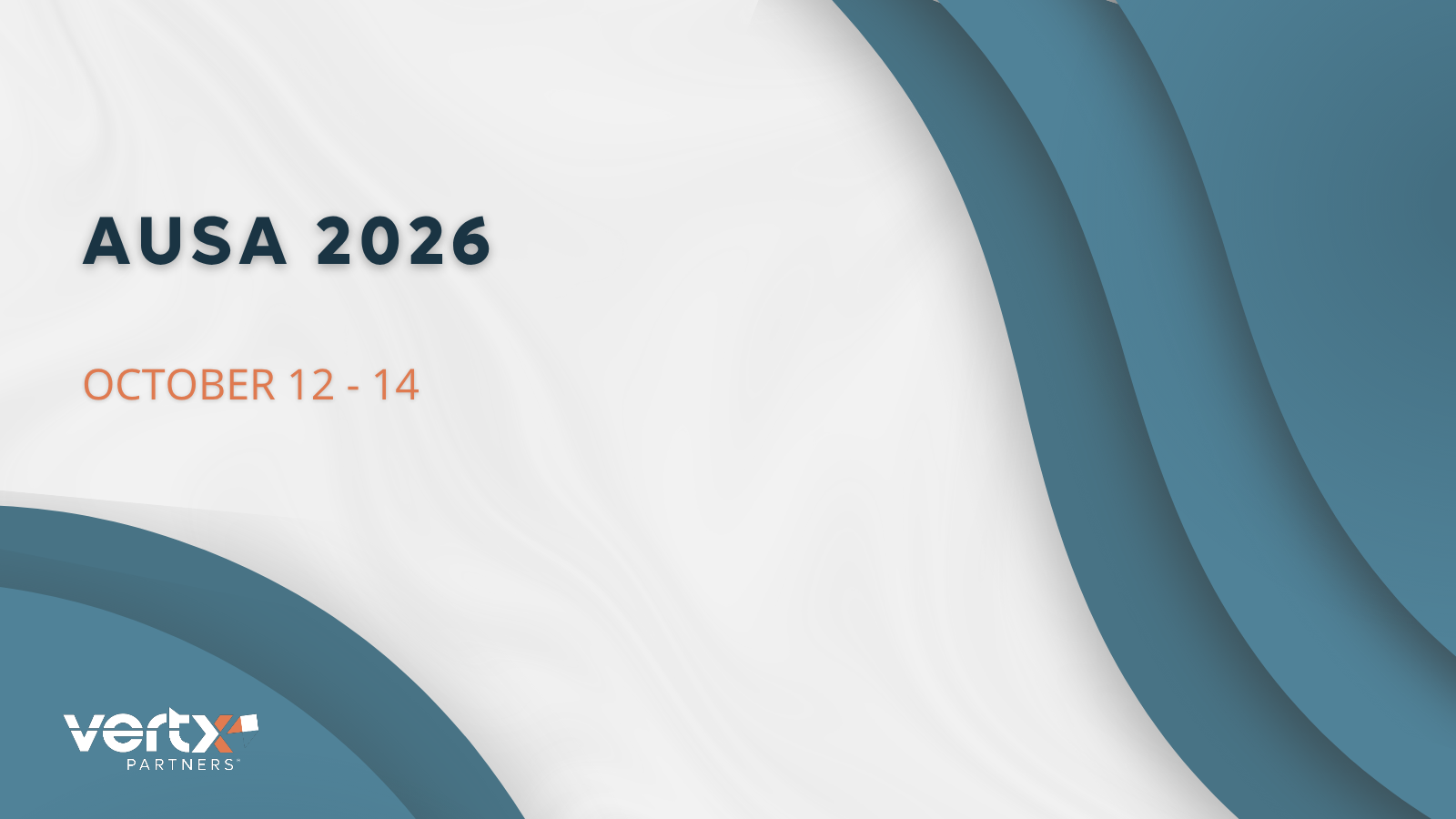 This graphic has the title AUSA 2026 with the dates october 12 - 14 under it and 3 blue curves in the upper right corner and 2 blue curves in the bottom left