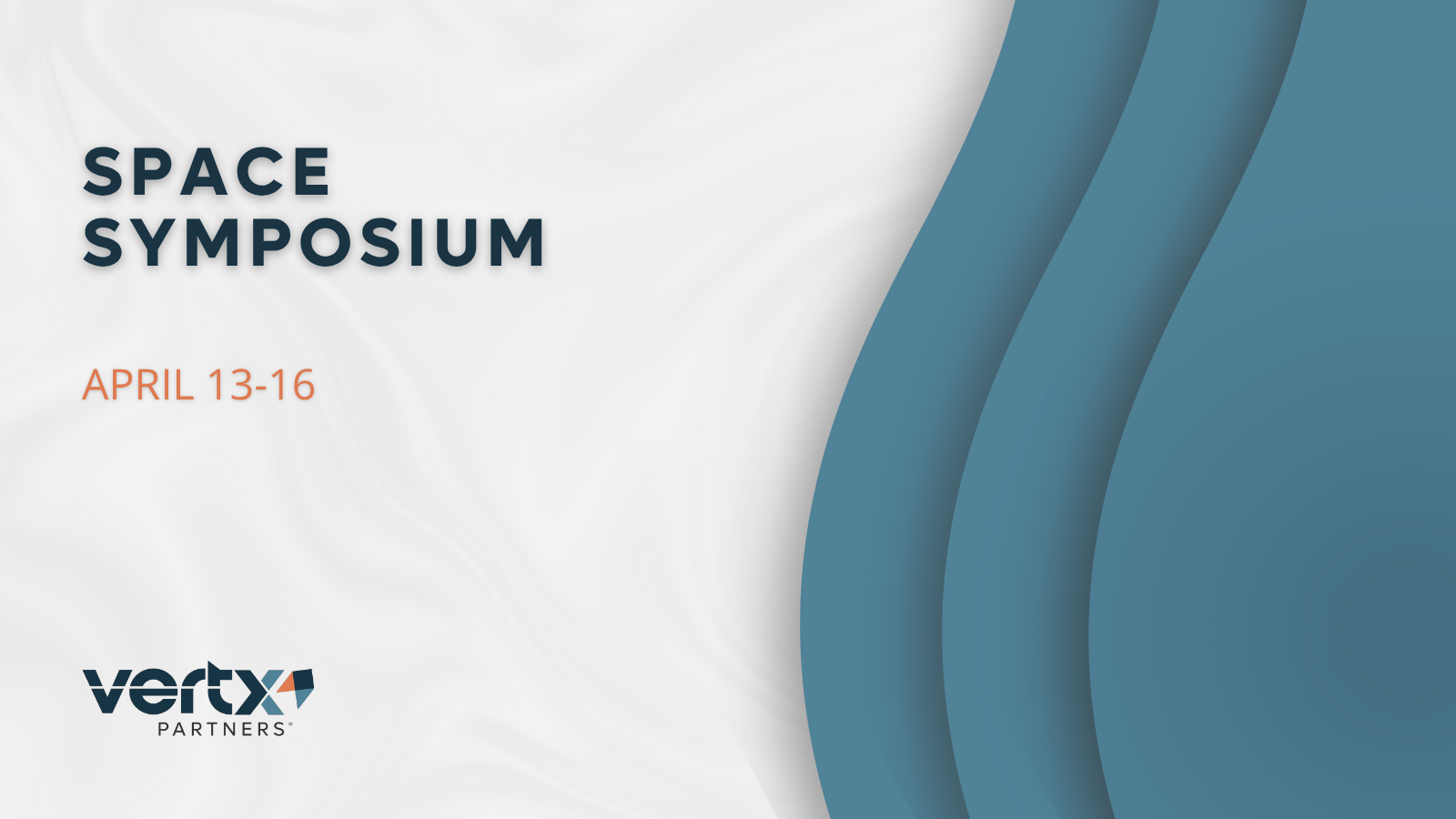 This graphic has the title Space Symposium with the dates april 13 -16 underneath and then 3 blue lines to the right of it